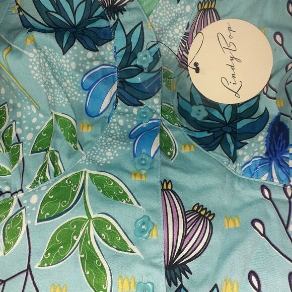 Lindy Bop Dress Turquoise Blue Floral Print Pinup Swing Dress Size 10 - Picture 11 of 11